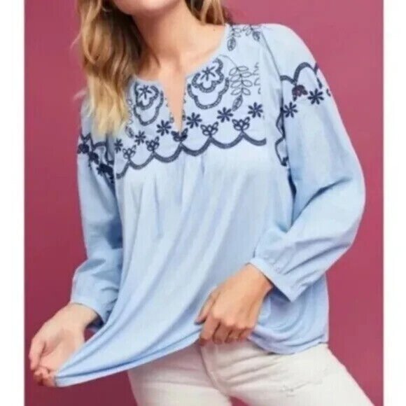 Anthropologie Tops - Anthropologie One September Medium Blue Paulette Embroidered Eyelet Peasant Top